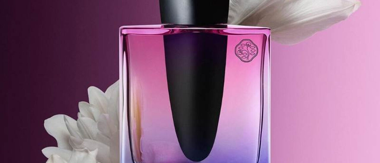 Elegant bottle of Shiseido Fragrance on a minimal Japanese-inspired background