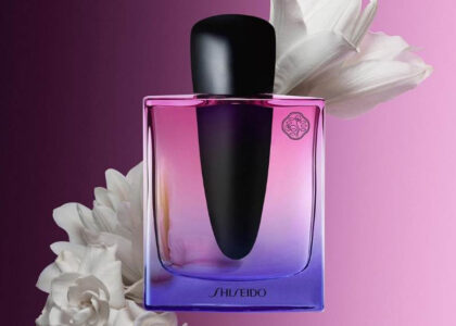 Elegant bottle of Shiseido Fragrance on a minimal Japanese-inspired background