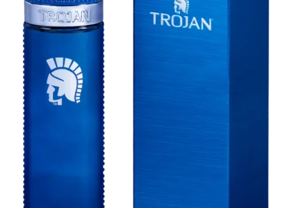 Trojan fragrance bottle symbolizing strength and confidence.